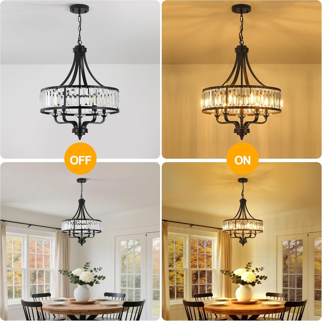 Modern Black Crystal Chandelier,5-Light Farmhouse Dining Room Light Fixture Over Table Adjustable Height Hanging Industrial Pendant Lights Kitchen Island,Living Room Kitchen Island Entryway