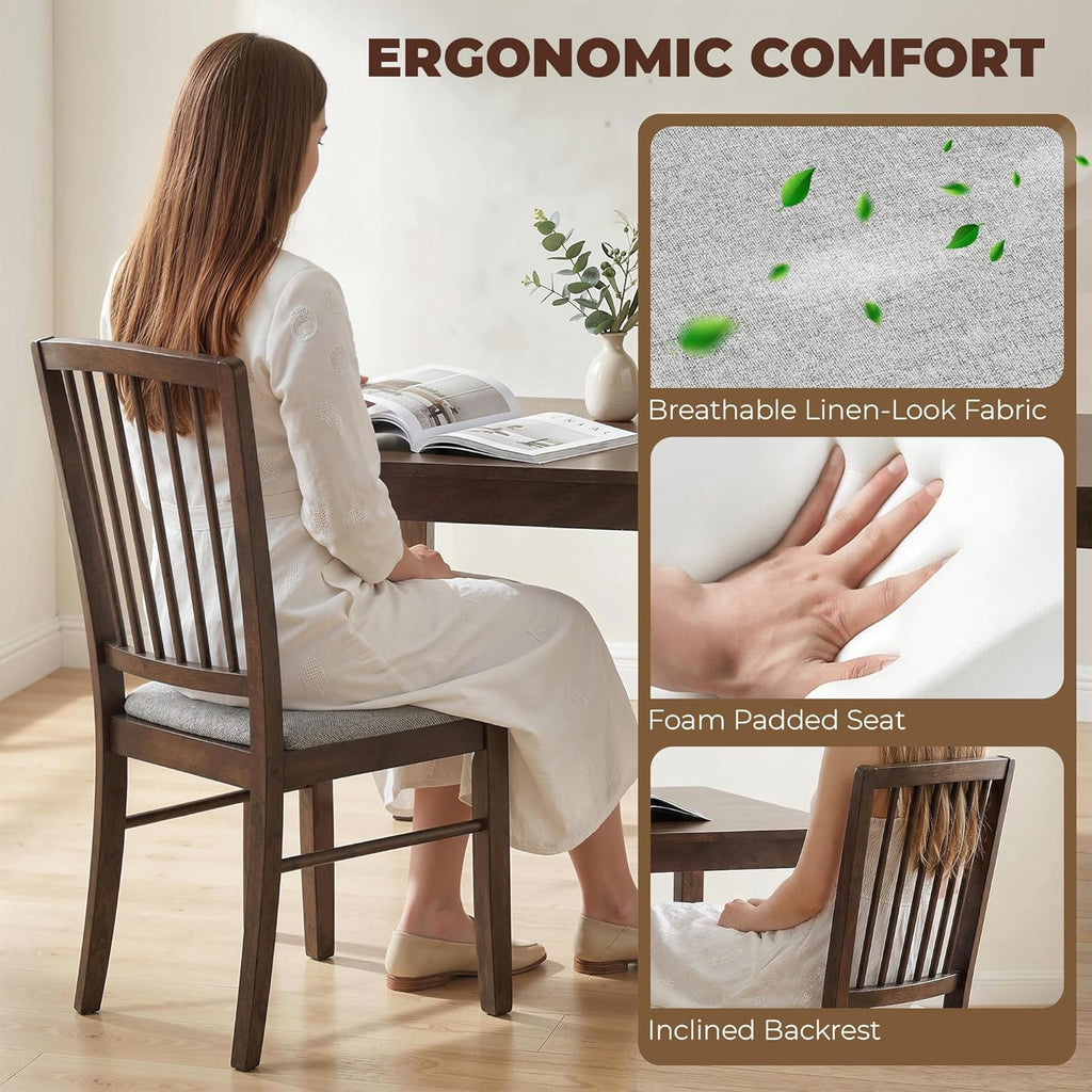 HOMCOM Farmhouse Dining Chairs Set of 2, Upholstered Linen Fabric Kitchen Chairs with Solid Rubberwood Legs for Kitchen, Dining Room, Burn Brown