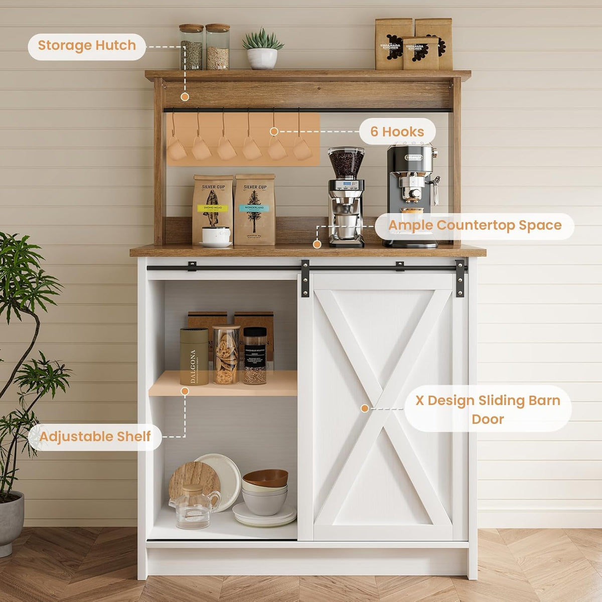Farmhouse Coffee Bar with Hutch, White Coffee Bar Cabinet with Storage Sliding Barn Door, 31 Inch Buffet Cabinet with 6 Hooks, Coffee Bar Table with Adjustable Shelves for Living Dining Room