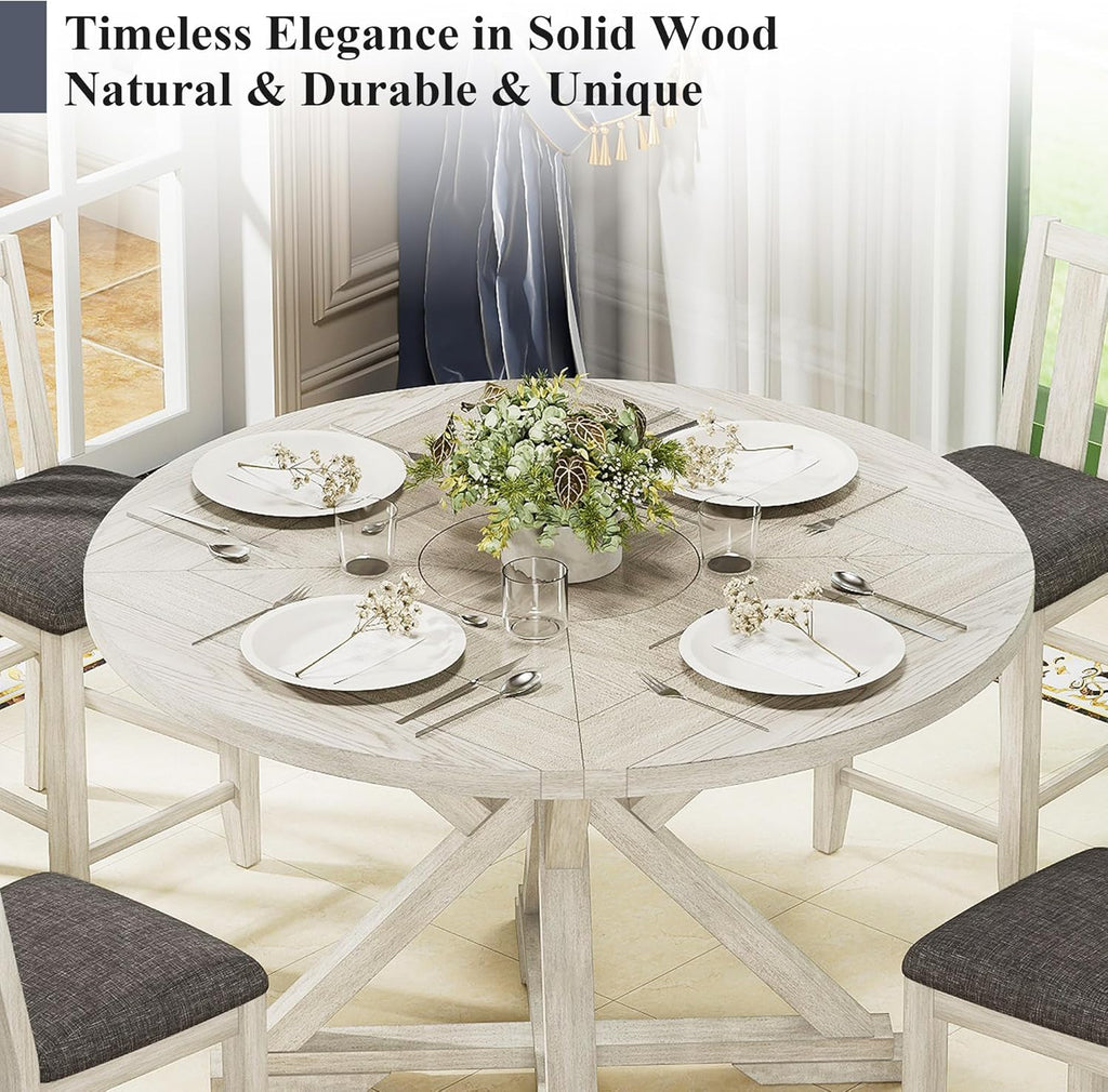 VECELO 7-Piece Solid Wood Foldable Dining Table Set for 6, Farmhouse Round Dining Table with 6 Upholstered Dining Chairs for Dining Room, Kitchen, Washed Gray