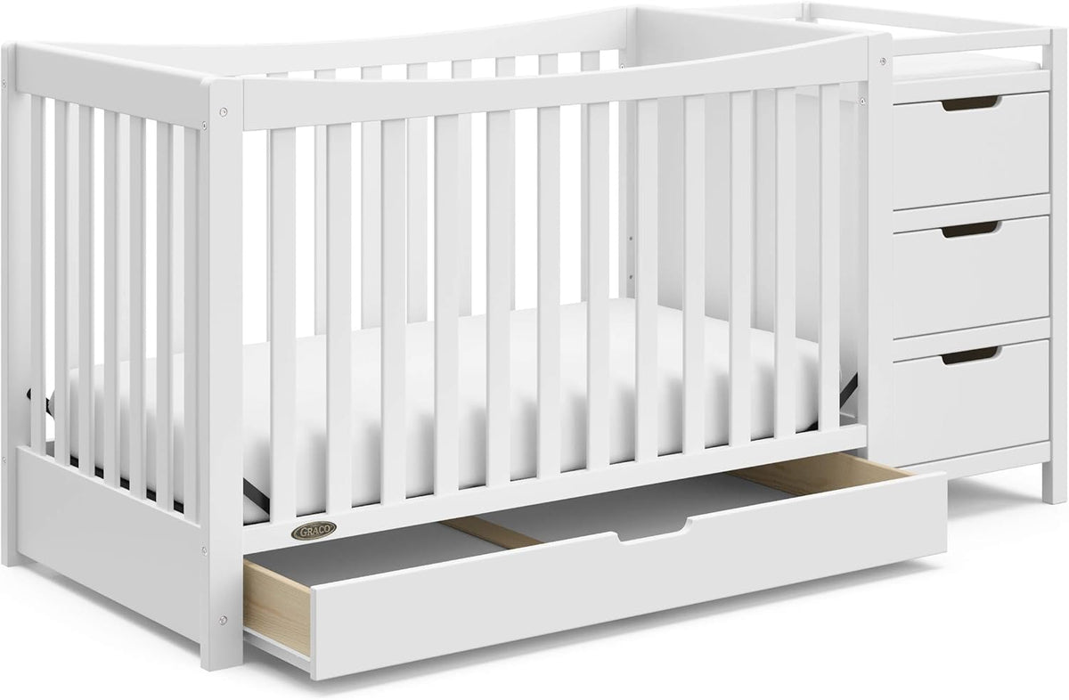 Graco Remi 4-in-1 Convertible Crib & Changer – GREENGUARD Gold Certified, Fits Standard Crib Mattress, Converts to Toddler Bed and Full Bed, 4 Adjustable Mattress Heights (White)