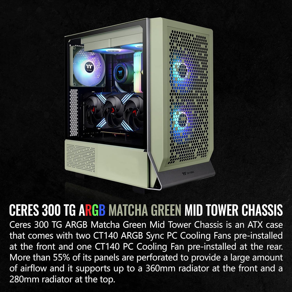Thermaltake Ceres 300 Matcha Green Mid Tower E-ATX Computer Case with Tempered Glass Side Panel; 2xCT140 ARGB Fan Preinstalled; Rotational PCIe Slots; CA-1Y2-00MEWN-00; 3 Years Warranty