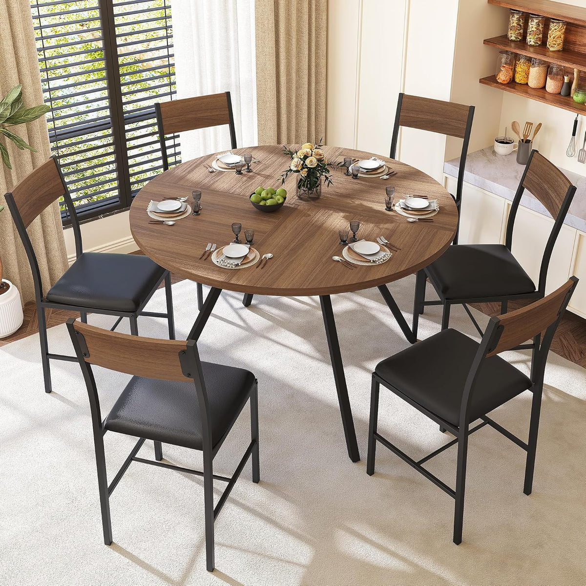 Pamapic 47'' Round Dining Table Set for 6, Kitchen Table and Chairs for 6, Dining Room Circle Dinner Pedestal Table, Solid Metal Frame,Space Saving Wood Small Kitchen & Dining Room Furniture,Walnut