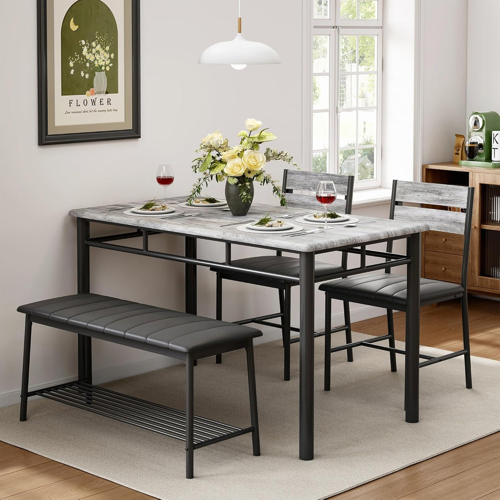 IRONCK Dining Table Set for 4, Kitchen Table with Upholstered Bench and 2 Chairs, Kitchen Table and Chairs Set for Small Space, Apartment, Gray