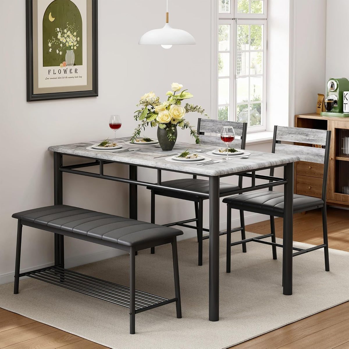 IRONCK Dining Table Set for 4, Kitchen Table with Upholstered Bench and 2 Chairs, Kitchen Table and Chairs Set for Small Space, Apartment, Gray