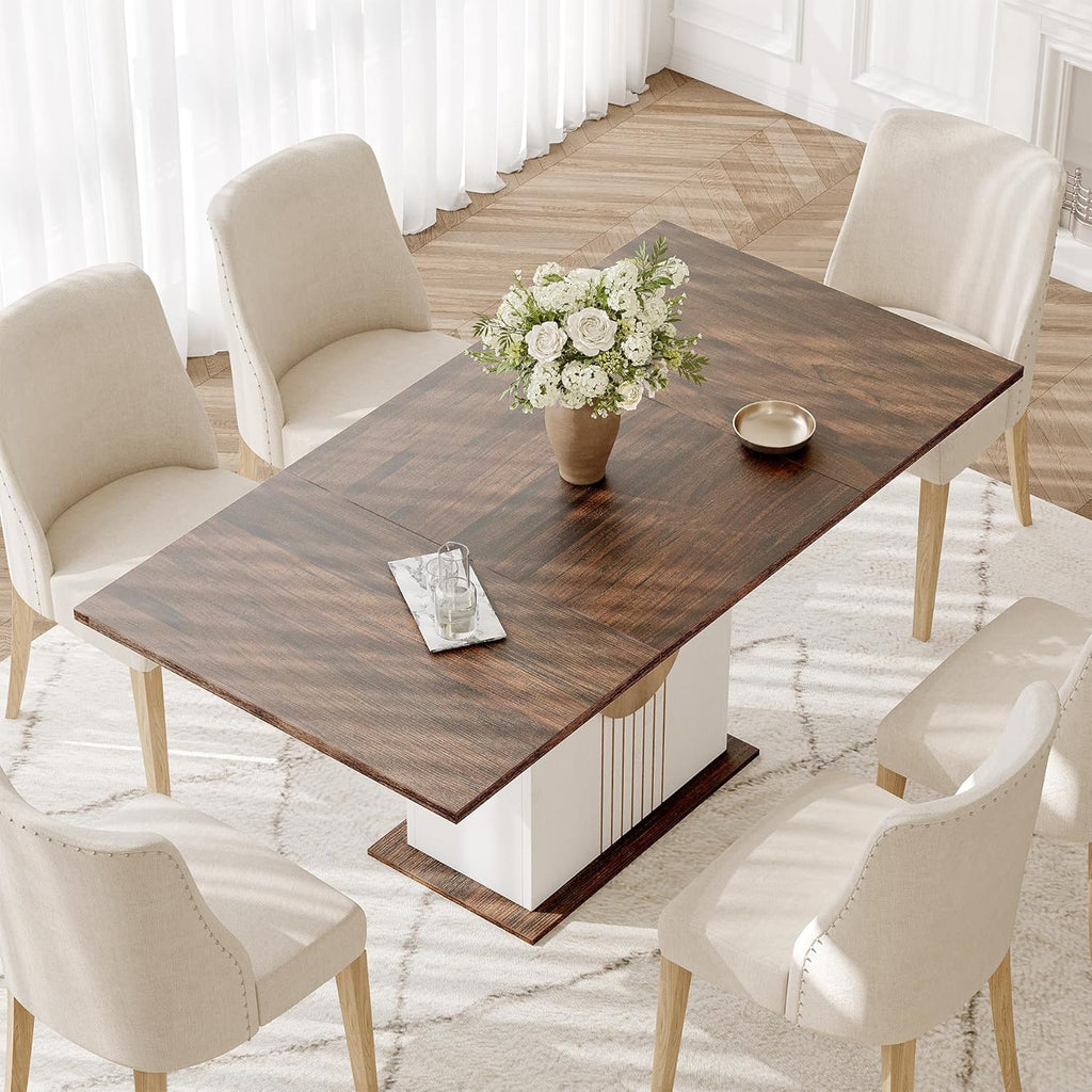 LITTLE TREE Rectangle Dining Table, Modern Kitchen Table Set for 6, Wooden Furniture with Heavy Duty Base, Modern Furniture for Home, Dining Room, Brown & White