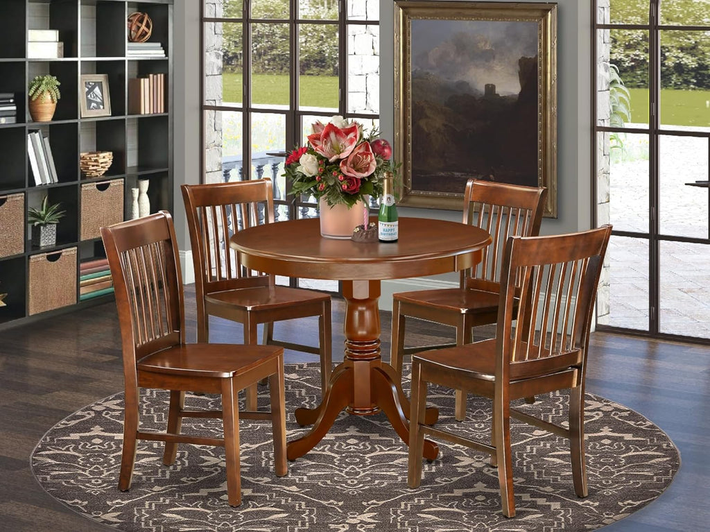 East West Furniture ANNO5-MAH-W 5 Piece Dining Set Includes a Round Dining Room Table with Pedestal and 4 Wood Seat Chairs, 36x36 Inch, Mahogany