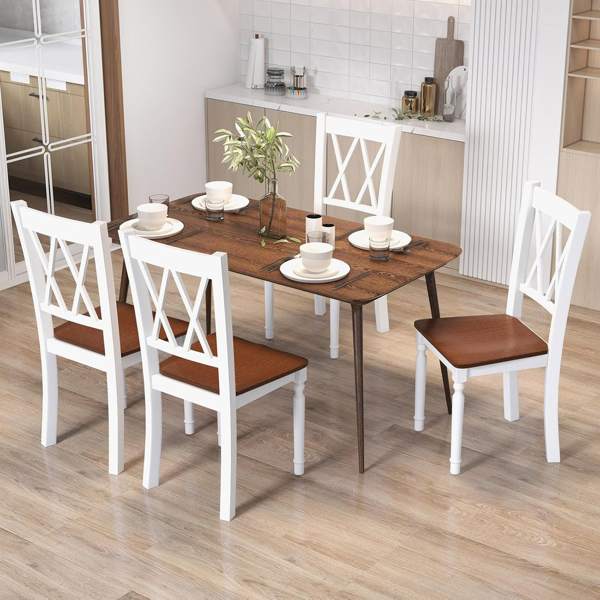 Giantex Dining Room Chairs Set of 4 White - Wooden Farmhouse Kitchen Chairs with Rubber Wood Seat, Acacia Wood Legs, Max Load 360 Lbs, Heavy Duty Wood Armless Dining Chairs with High Back