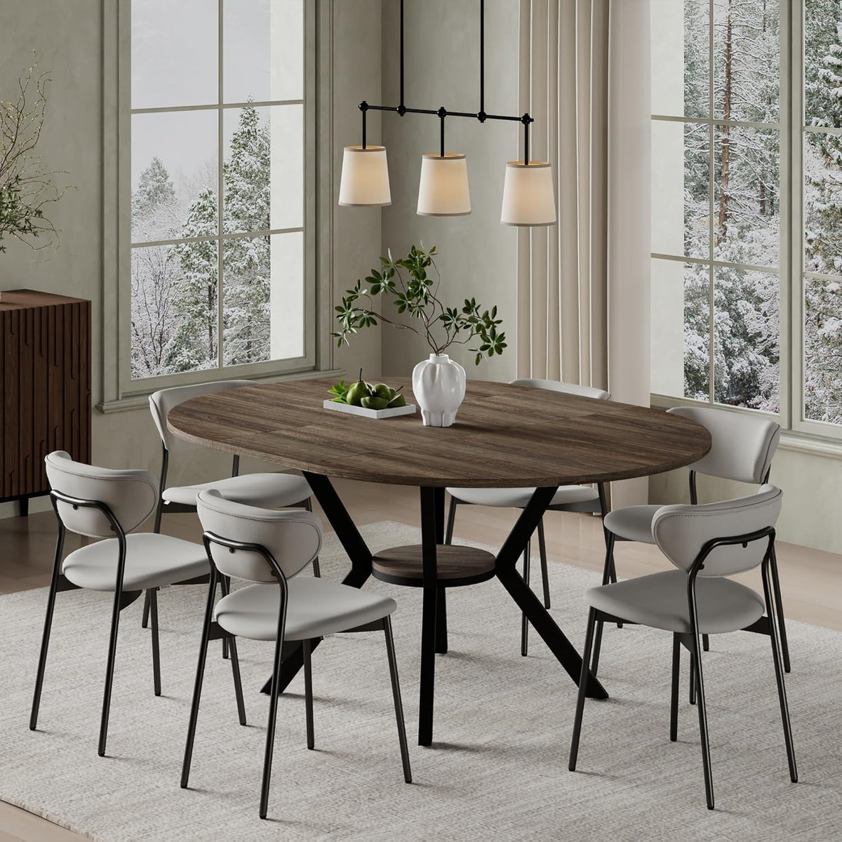 42"-58" Extendable Round Dining Table for 4-6, Kitchen Oval Table with Hidden Leaves & Storage Shelf, Space Saving Modern Design with Sturdy Metal Legs for Kitchen, Dining Room & Small Apartments