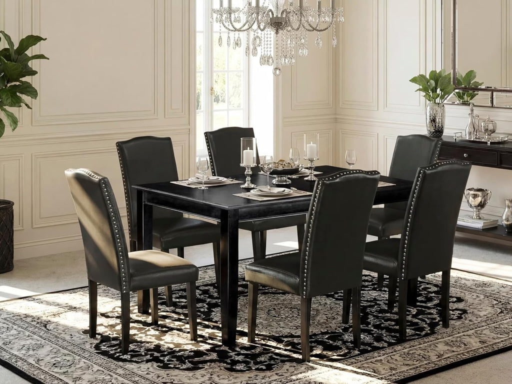 East West Furniture DUEN7-BLK-69 7 Piece Dining Table Set Consist of a Rectangle Kitchen Table and 6 Black Faux Leather Parson Dining Chairs, 36x60 Inch, Black