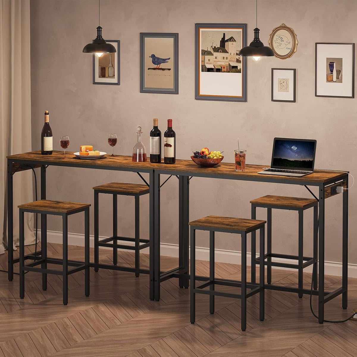 HOOBRO Bar Table and Chairs Set, 47.2" Dining Table Set with Power Outlet, 3-Piece Pub Table Set, Kitchen Bar Height Table with Stools of 2, Space Saving for Living Room, Rustic Brown BF46UBT01