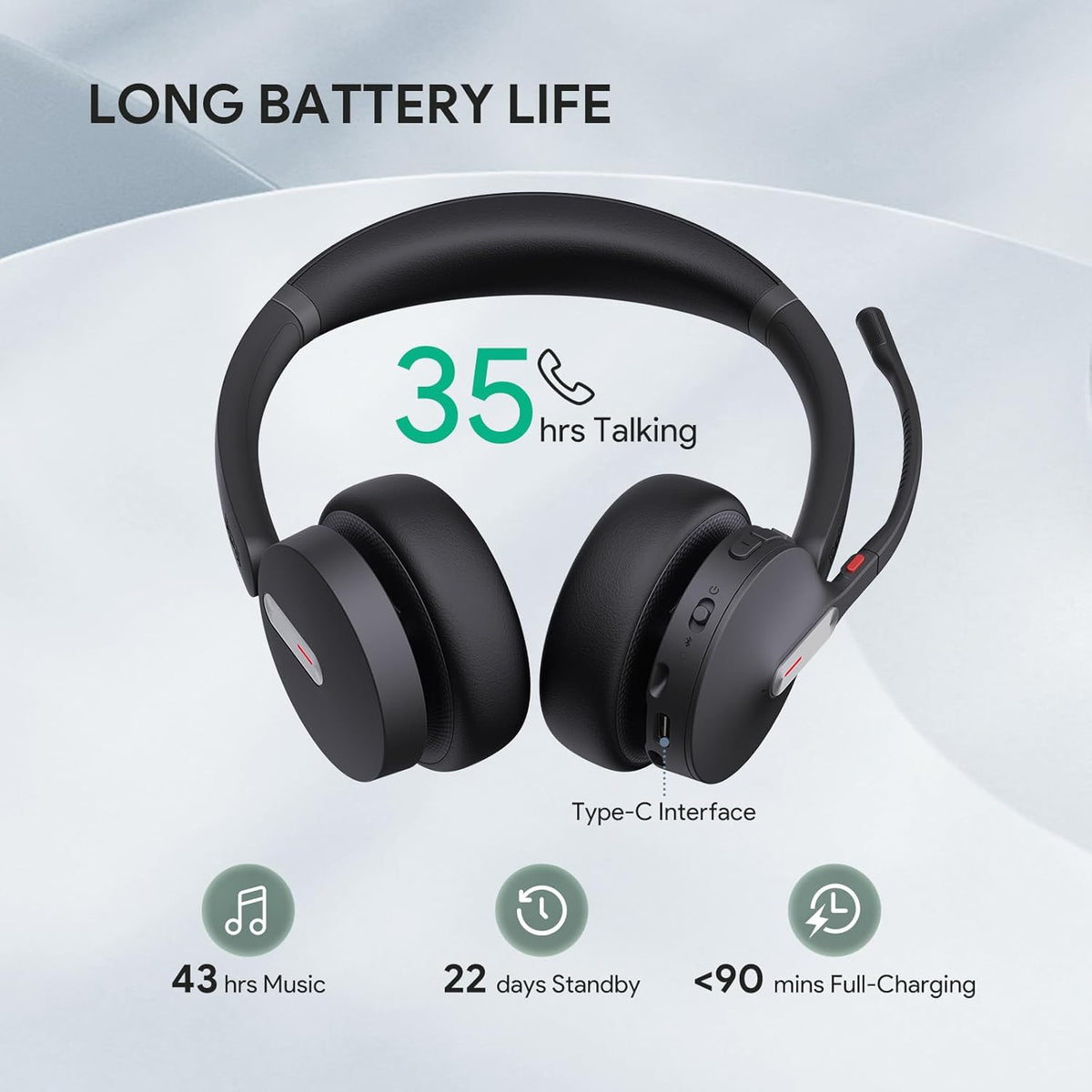 Yealink BH70 Wireless Bluetooth Headset with Microphone for Work, up to 35h Talking Battery Life, 3-Mic, 147g Lightweight Microsoft Teams Certified Headphone for Open Office, USB-C to A