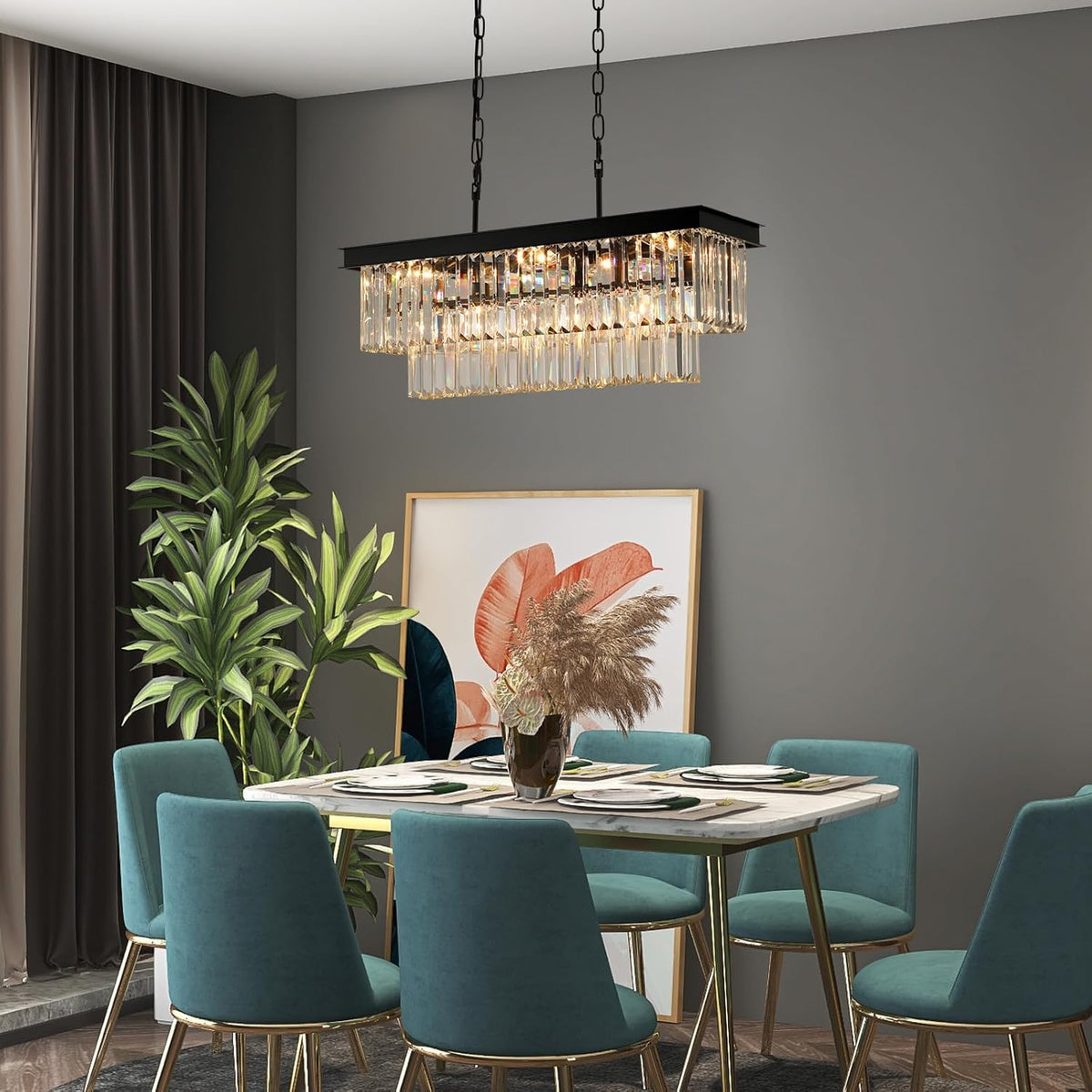 Weesalife Black Crystal Chandeliers for Dining Room Light Fixtures Over Table .9-Lights Modern Rectangle Chandeliers for Kitchen Island Bar L28 Inch