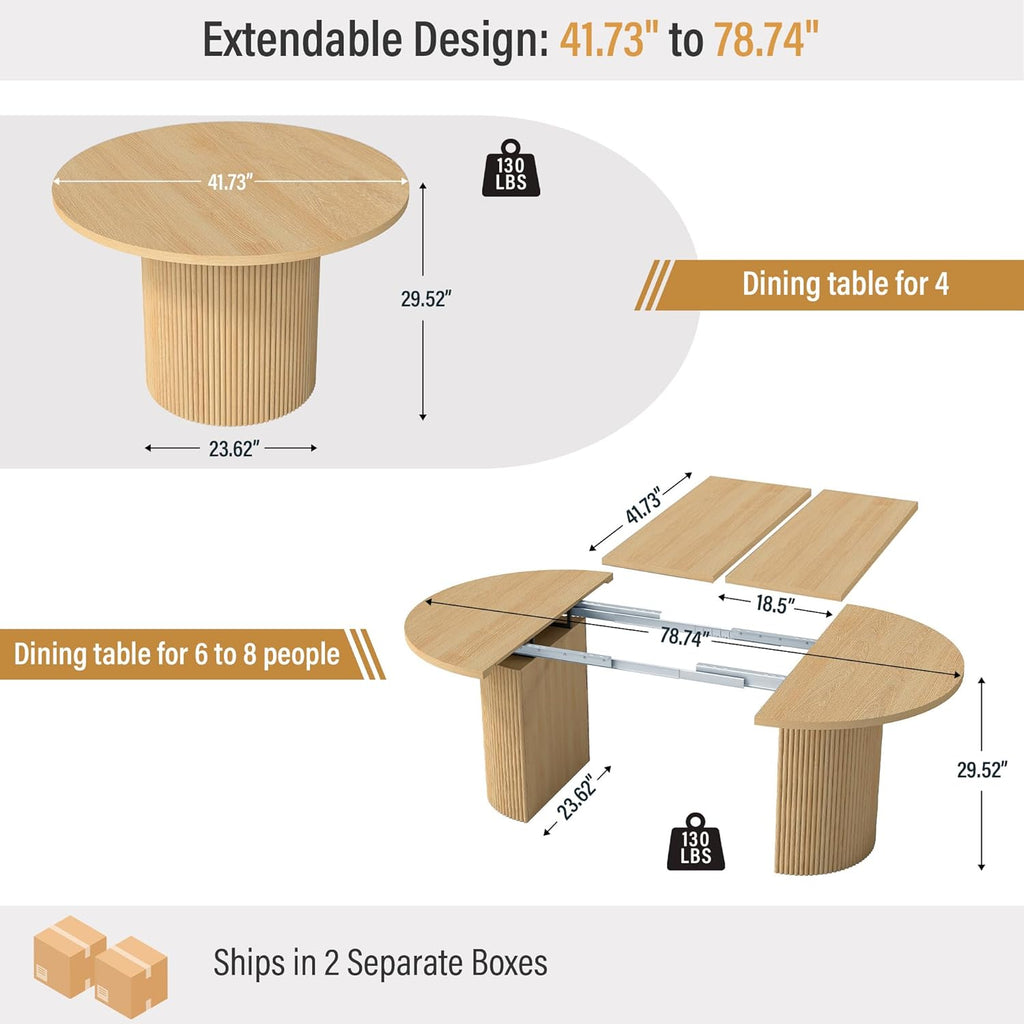 41 in-78 in Extendable Dining Room Table for 4-8, Round Expandable Kitchen Table with Fluted Base, Modern Farmhouse Oval Dinner Tables for Dining Room Kitchen Living Room (Natural)