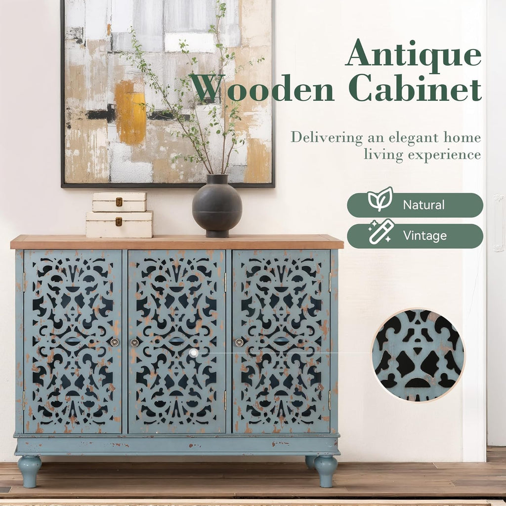 Sophia & William Sideboard Buffet Credenza Cabinet, 3-Door Hollow-Carved Accent Cabinet, Distressed Sideboard Storage Cabinet with Wood Veneer for Kitchen, Living Room, Dining Room, Entryway, Blue | 3-Door