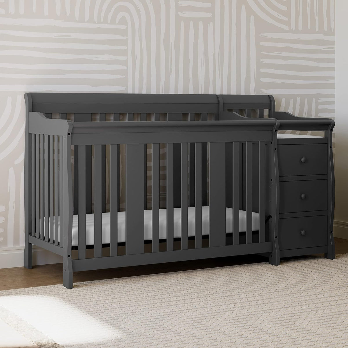 Storkcraft Portofino 5-in-1 Convertible Crib and Changer – Crib and Changing Table Combo with Drawer, Converts to Toddler Bed, Daybed and Full-Size Bed, Storage Drawer (Gray)