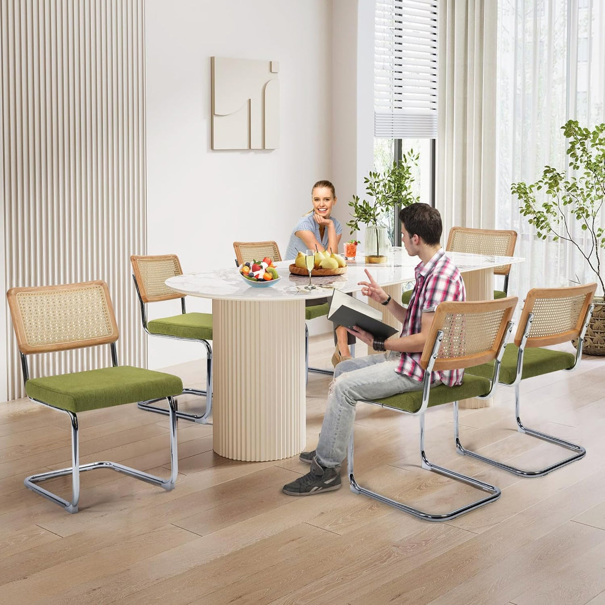 KROFEM Dining Chairs Set of 4, Modern Rattan Kitchen Chairs, Mid Century Modern Design, Polished Chrome Frame, Upholstered Seat, Green