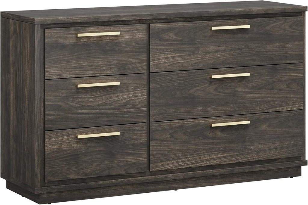 BELLEZE 6 Drawer Dresser for Bedroom and Closet, 54" Mid-Century Modern Wood Chest of Drawers, Wide Storage Organizer Cabinet for Living Room, Hallway, or Apartment, Brown