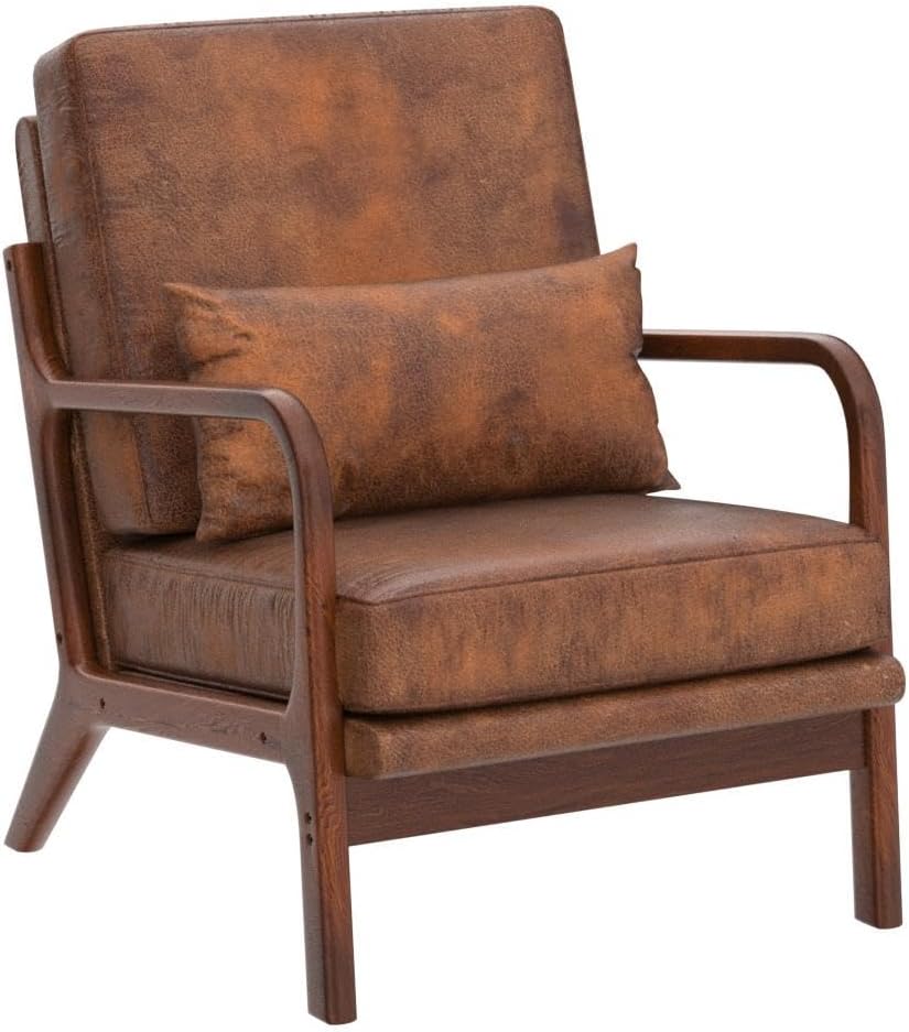 Mid Century Modern Accent Chair Set of 2 Living Room- Comfy Solid Wood Arm Chair with Lumber Pillow Lounge Decorative Brown Leather Office Side Chair Bedroom Reading Nook Sillas De Sala Microfiber