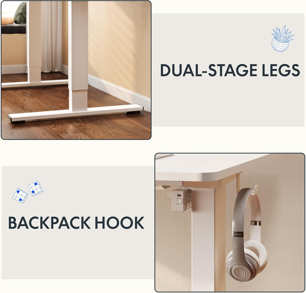 FLEXISPOT Standing Desk, 48" x 24" One-Piece Desktop, Height Adjustable Computer Desk for Home Office, White Frame & White Top (One Package)