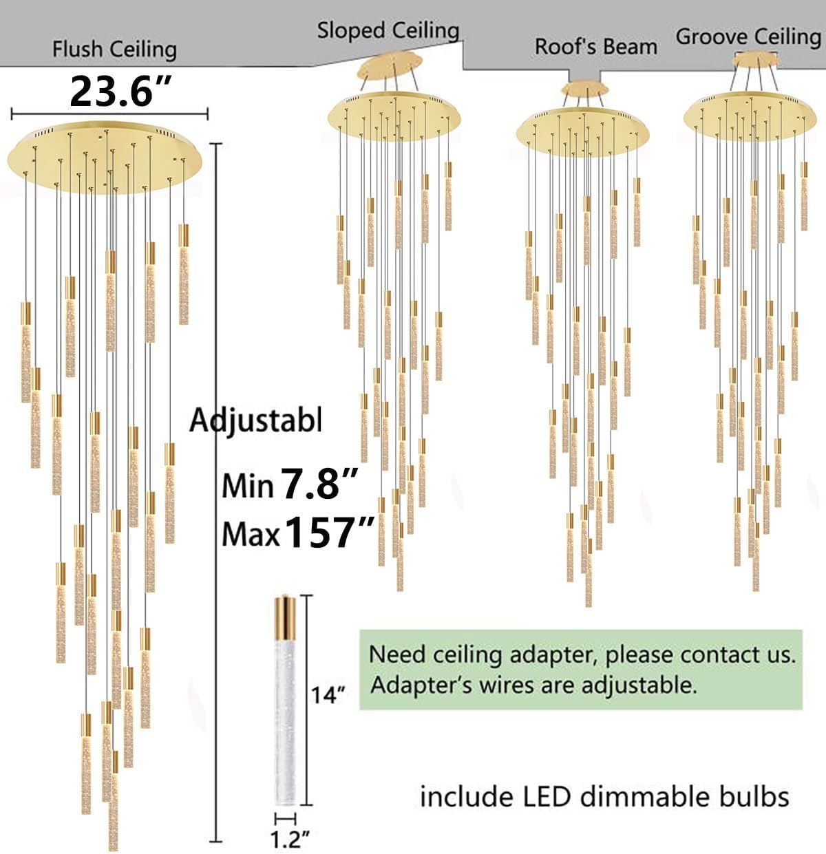 HAIXIANG 13ft Long Crystal Chandelier for Living Room, Dining Room, Entryway, Kitchen, Hotel - Gold