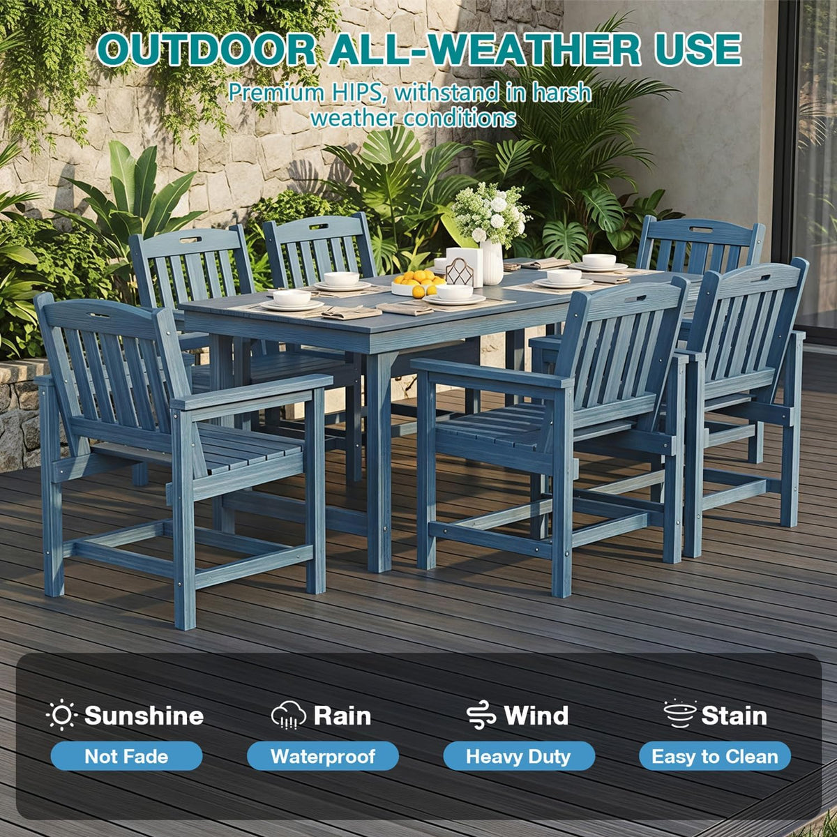 Mdeam 7-Piece HIPS Outdoor Dining Set, 66.9" Patio Table with Umbrella Hole, 440LBS Capacity, 6 Wider Chairs, Dining Table Set for 6, Indoor Outdoor Furniture with Galvanized Steel Frame, Navy Blue