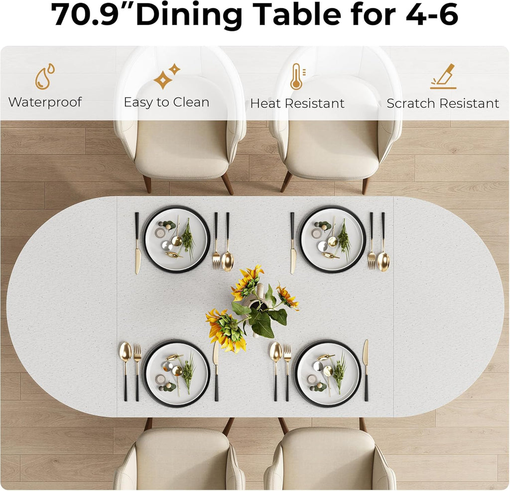 IRONCK 71" Oval Dining Table for 4-8, Modern Farmhouse Dining Table with Hidden Storage & Fluted Base, 1.6" Thick Faux Quartz Top, Dinner Table for Dining Room Kitchen Home Office, Black