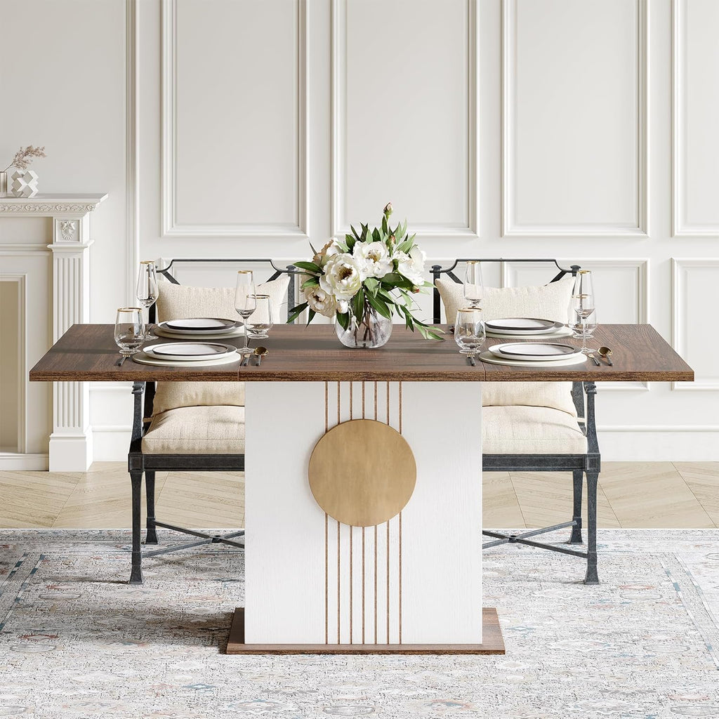 LITTLE TREE Rectangle Dining Table, Modern Kitchen Table Set for 6, Wooden Furniture with Heavy Duty Base, Modern Furniture for Home, Dining Room, Brown & White
