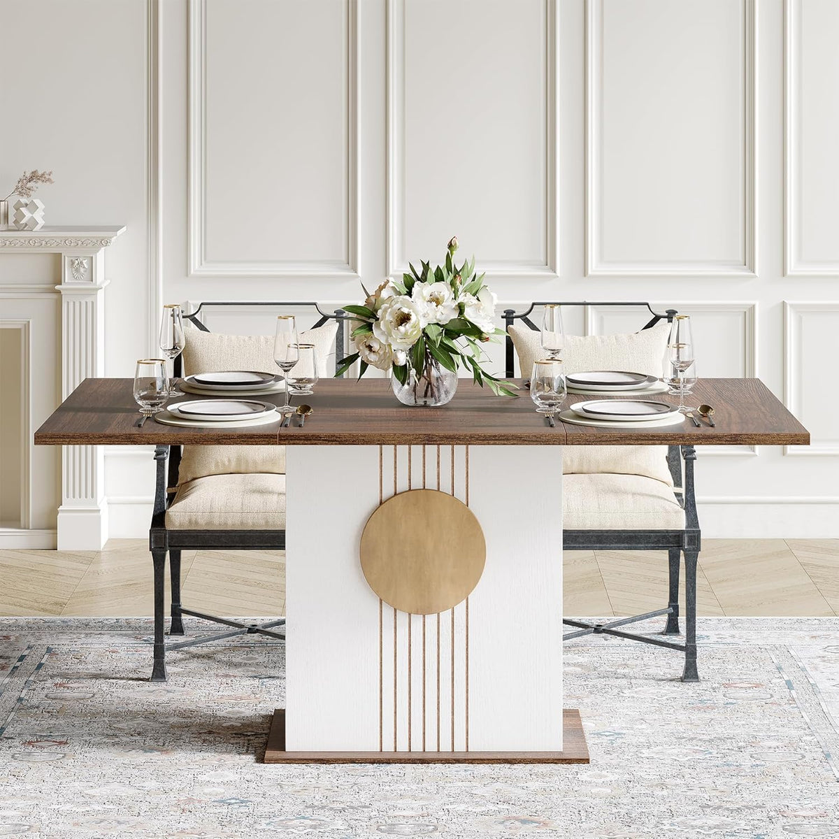LITTLE TREE Rectangle Dining Table, Modern Kitchen Table Set for 6, Wooden Furniture with Heavy Duty Base, Modern Furniture for Home, Dining Room, Brown & White