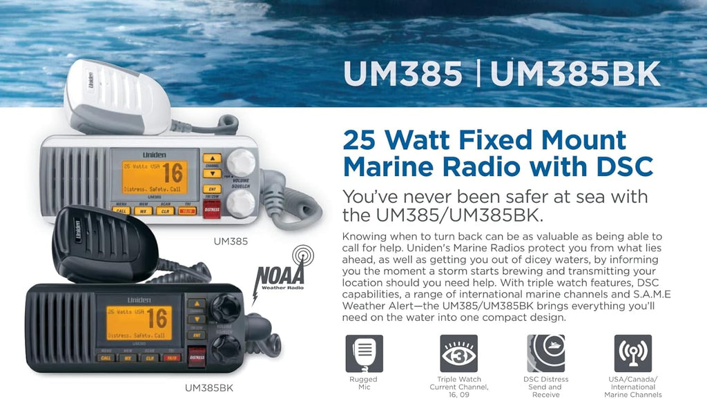 Uniden UM385 25 Watt Fixed Mount Marine Vhf Radio, Waterproof IPX4 with Triple Watch, Dsc, Emergency/Noaa Weather Alert, All Usa/International/Canadian Marine Channels, Memory Channel Scan, White