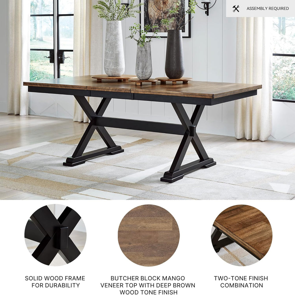 Signature Design by Ashley Wildenauer Dining Extension Table, Self-Storing Butterfly Leaf, Seats 8, Hardwood Solids, 40" W x 78" D x 30.13" H, Black & Dark Brown