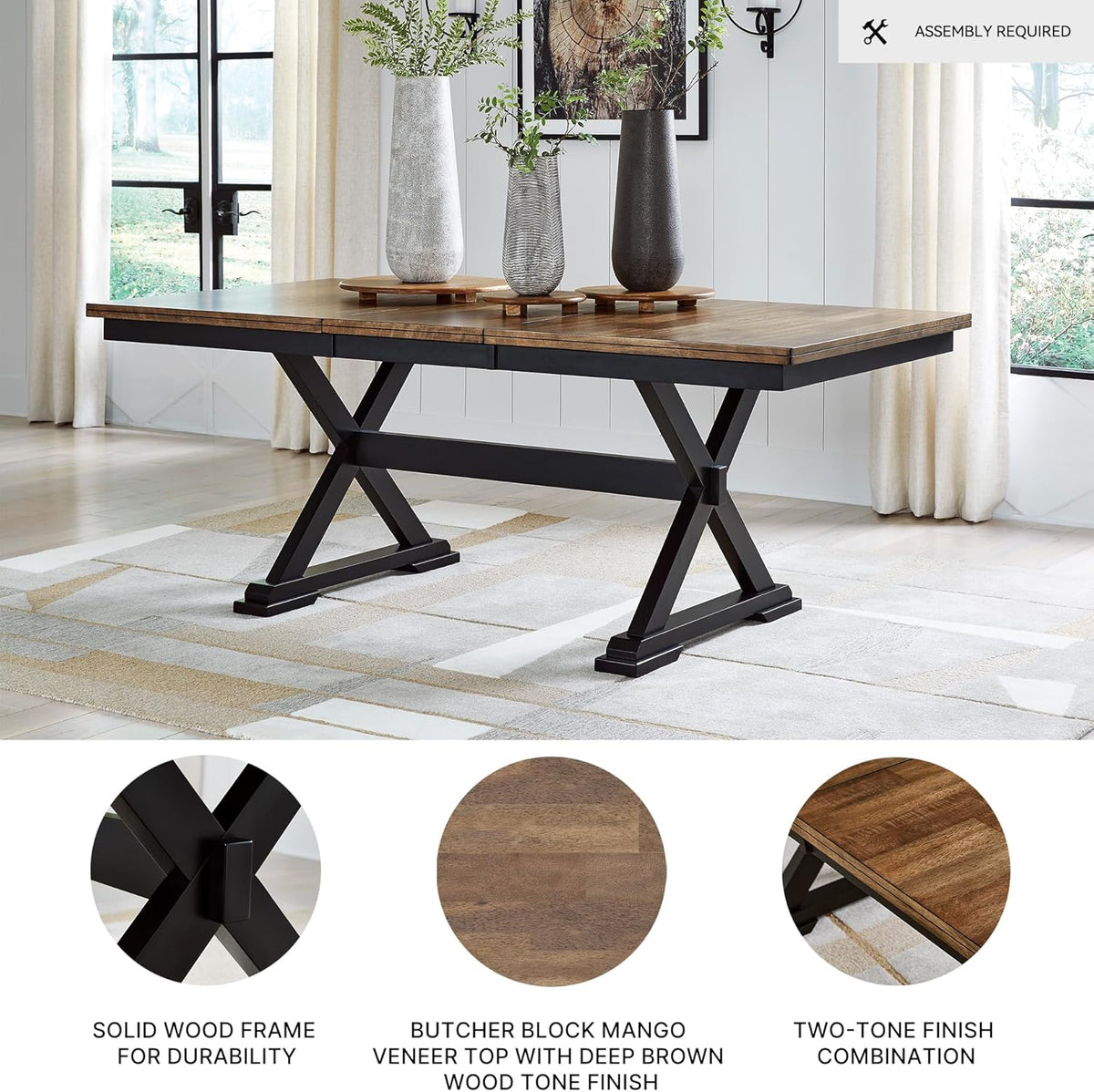 Signature Design by Ashley Wildenauer Dining Extension Table, Self-Storing Butterfly Leaf, Seats 8, Hardwood Solids, 40" W x 78" D x 30.13" H, Black & Dark Brown