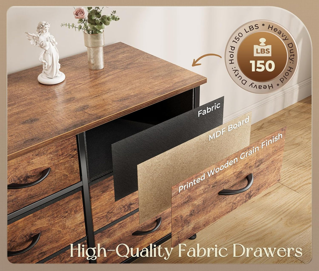 Huuger 77.6" Long Dresser for Bedroom, 16 Drawer Fabric Dresser for Closet, Wide Chest of Drawers with Storage, TV Stand for 65, 75, 85 Inch TV, 77.6" W x 12.9" D x 26.7" H, Rustic Brown