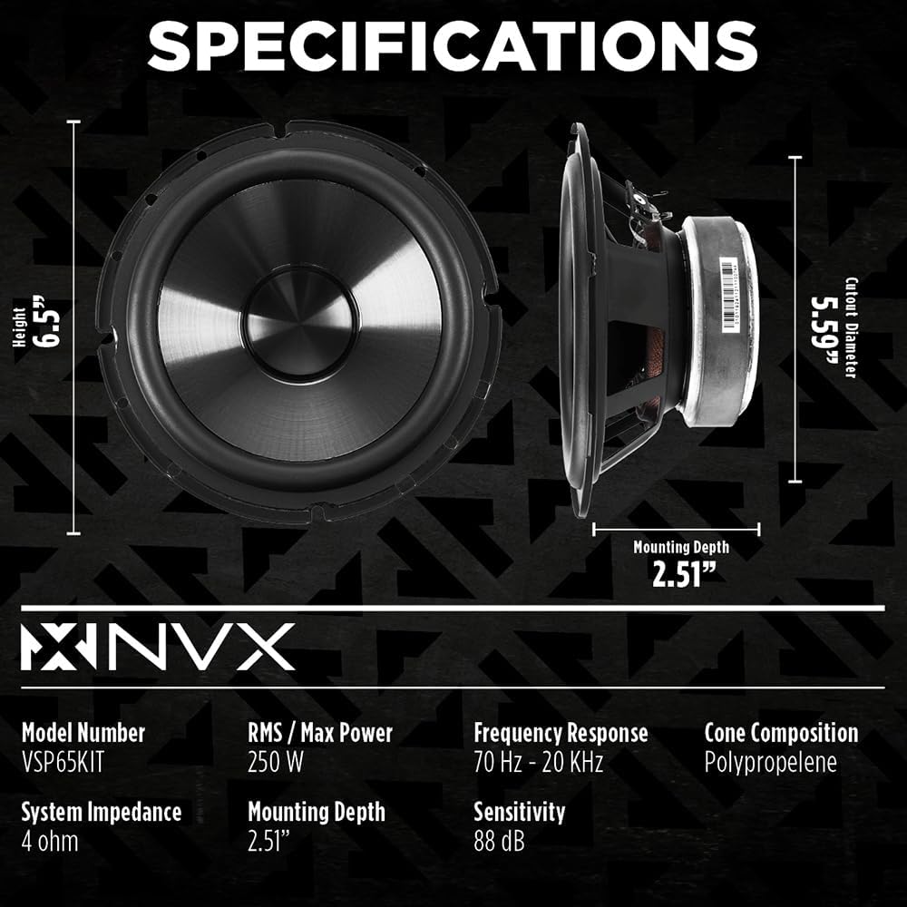 NVX VSP65KIT 750W Peak (250W RMS) 6.5" V-Series 2-Way Component Speaker System with 25mm Silk Dome Tweeters