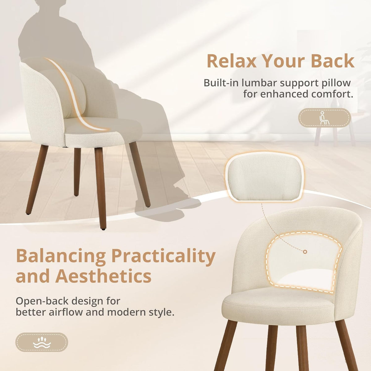 LUE BONA Dining Chairs Set of 4, Modern Upholstered Kitchen Chairs with Solid Wood Legs, Curved Backrest & Lumbar Support for Home Dining Room, Restaurant, Linen Color