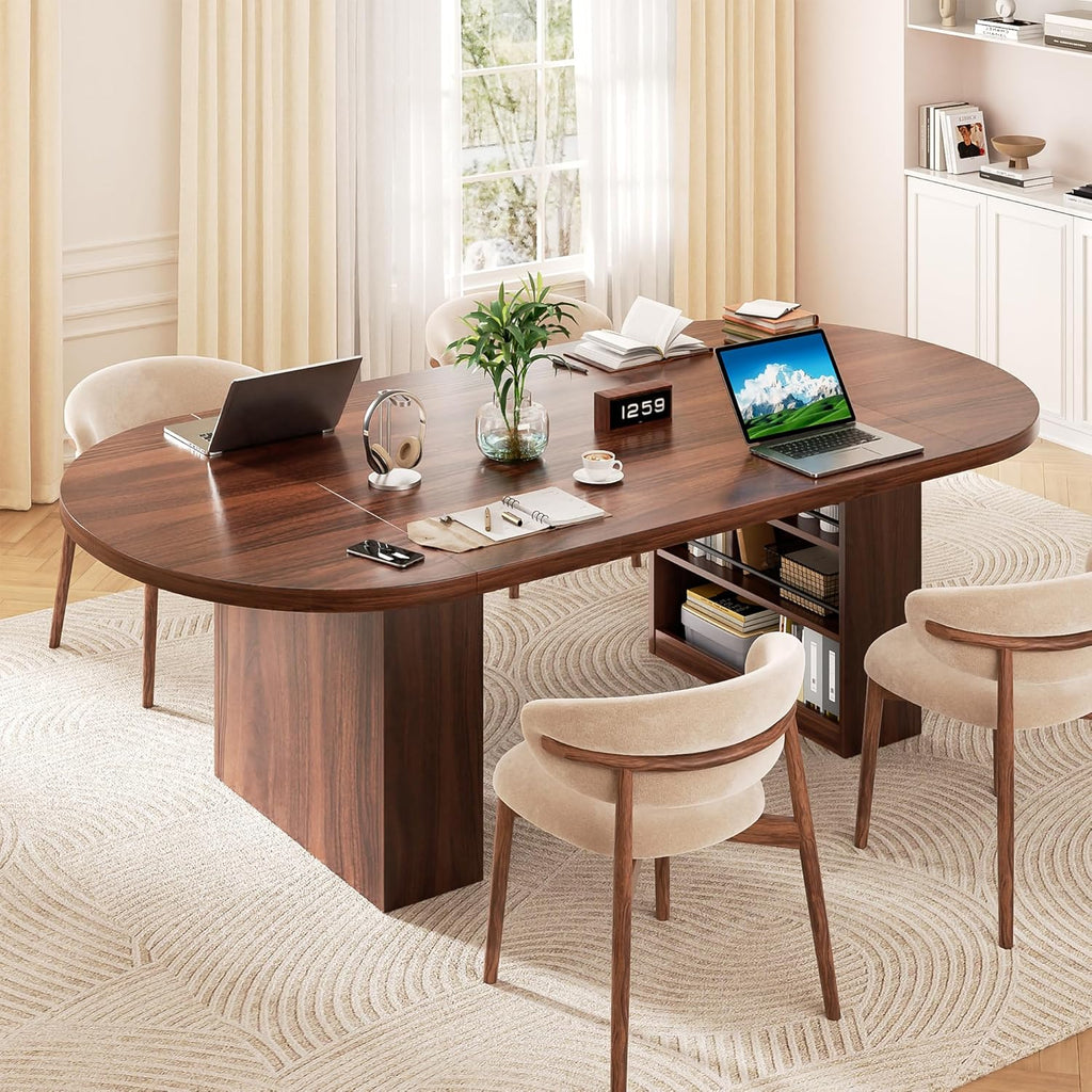 Jocoevol 78.7" Oval Dining Table for 8-10, Modern Dining Room Table with 3-Tier Storage Shelf, Wood Dinner Tables with Heavy Duty Pedestal Base for Kitchen Living Room - Walnut