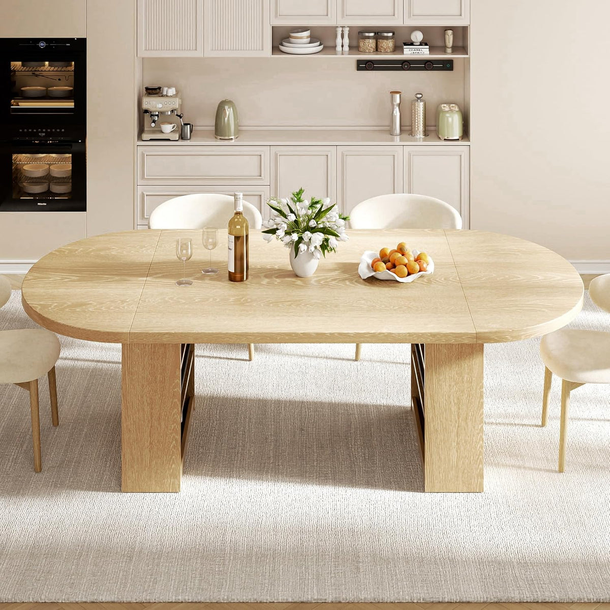 Jocoevol 78.7" Oval Dining Table for 8-10, Modern Dining Room Table with 3-Tier Storage Shelf, Wood Dinner Tables with Heavy Duty Pedestal Base for Kitchen Living Room - Natural