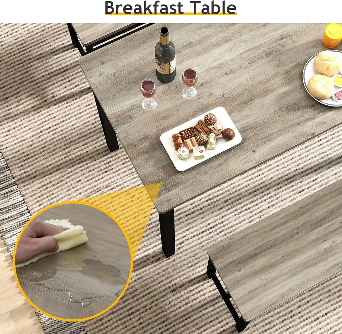 Rovibek Dining Table Set for 4 with 2 Benches – Space-Saving Kitchen Table Set for Kitchen & Dining Room, Grey