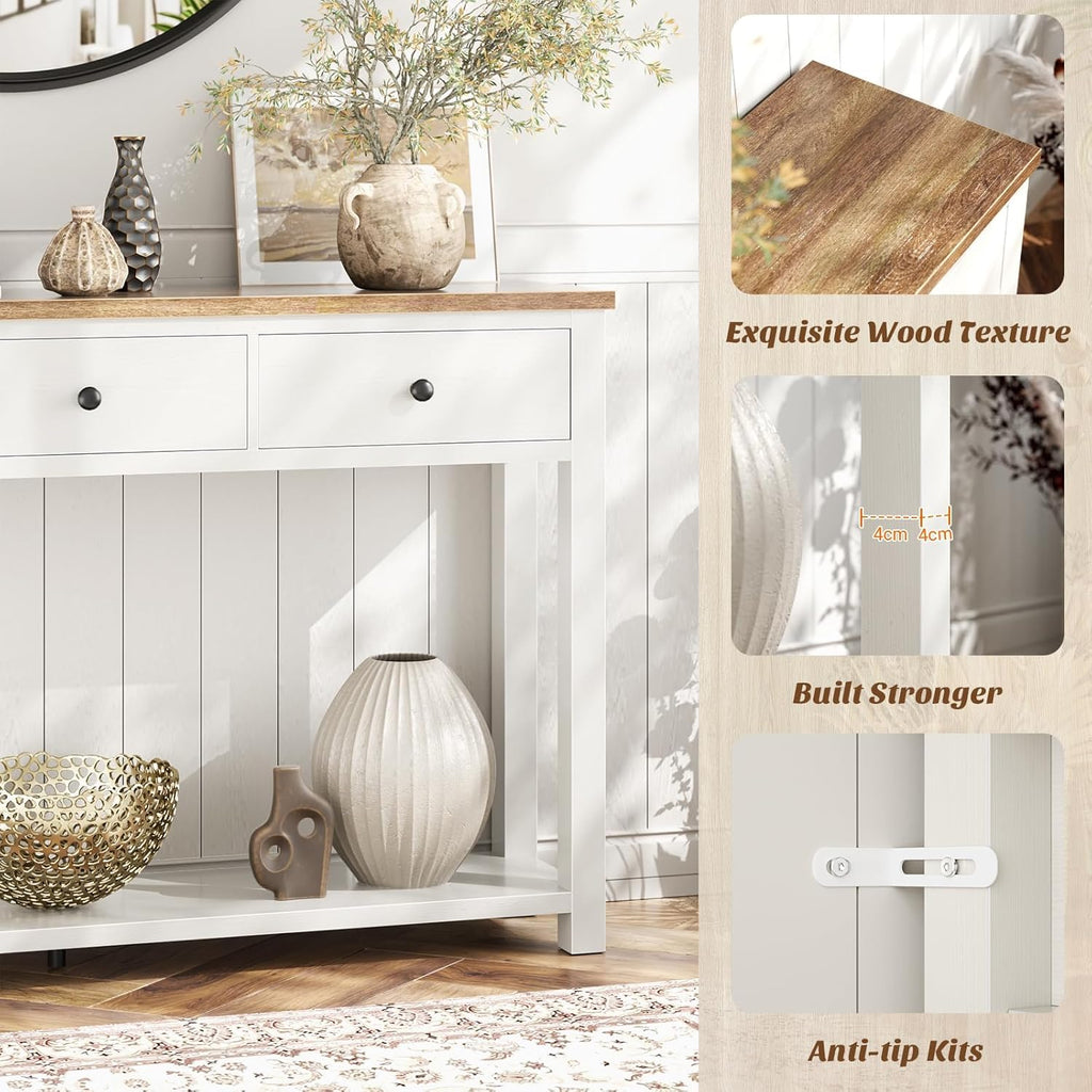 Homieasy Farmhouse Console Table with 3 Drawers, 47 Inch Wood Sofa Table with Storage Shelf for Living Room, Behind Couch, Entryway Table for Hallway, Living Room, or Foyer, Brown and Antique White