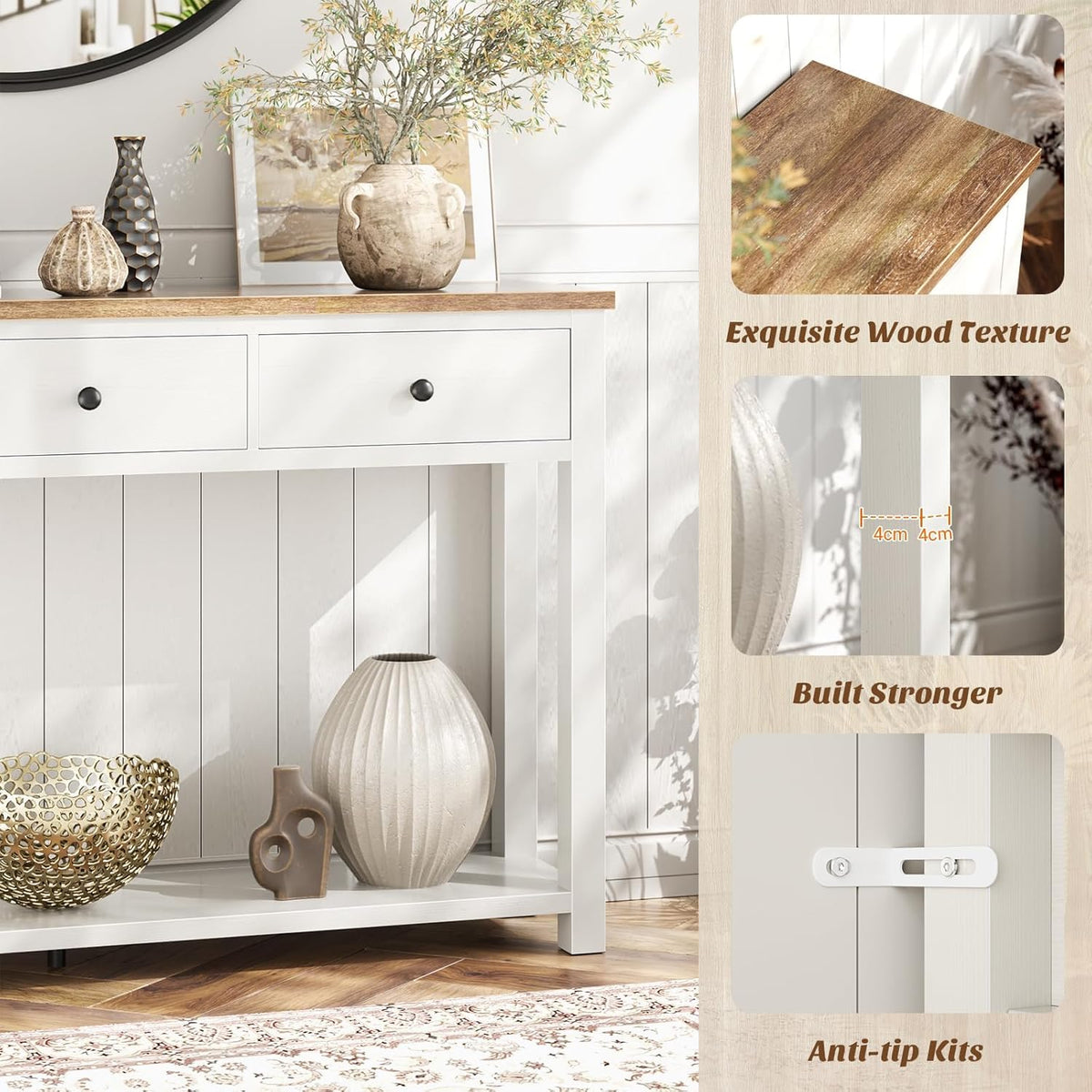 Homieasy Farmhouse Console Table with 3 Drawers, 47 Inch Wood Sofa Table with Storage Shelf for Living Room, Behind Couch, Entryway Table for Hallway, Living Room, or Foyer, Brown and Antique White