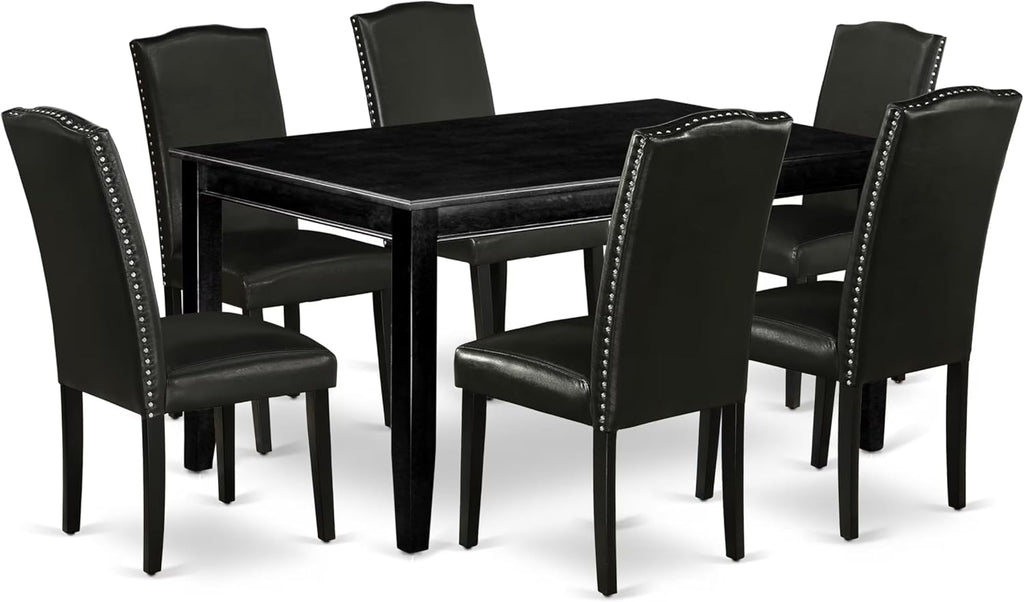 East West Furniture DUEN7-BLK-69 7 Piece Dining Table Set Consist of a Rectangle Kitchen Table and 6 Black Faux Leather Parson Dining Chairs, 36x60 Inch, Black