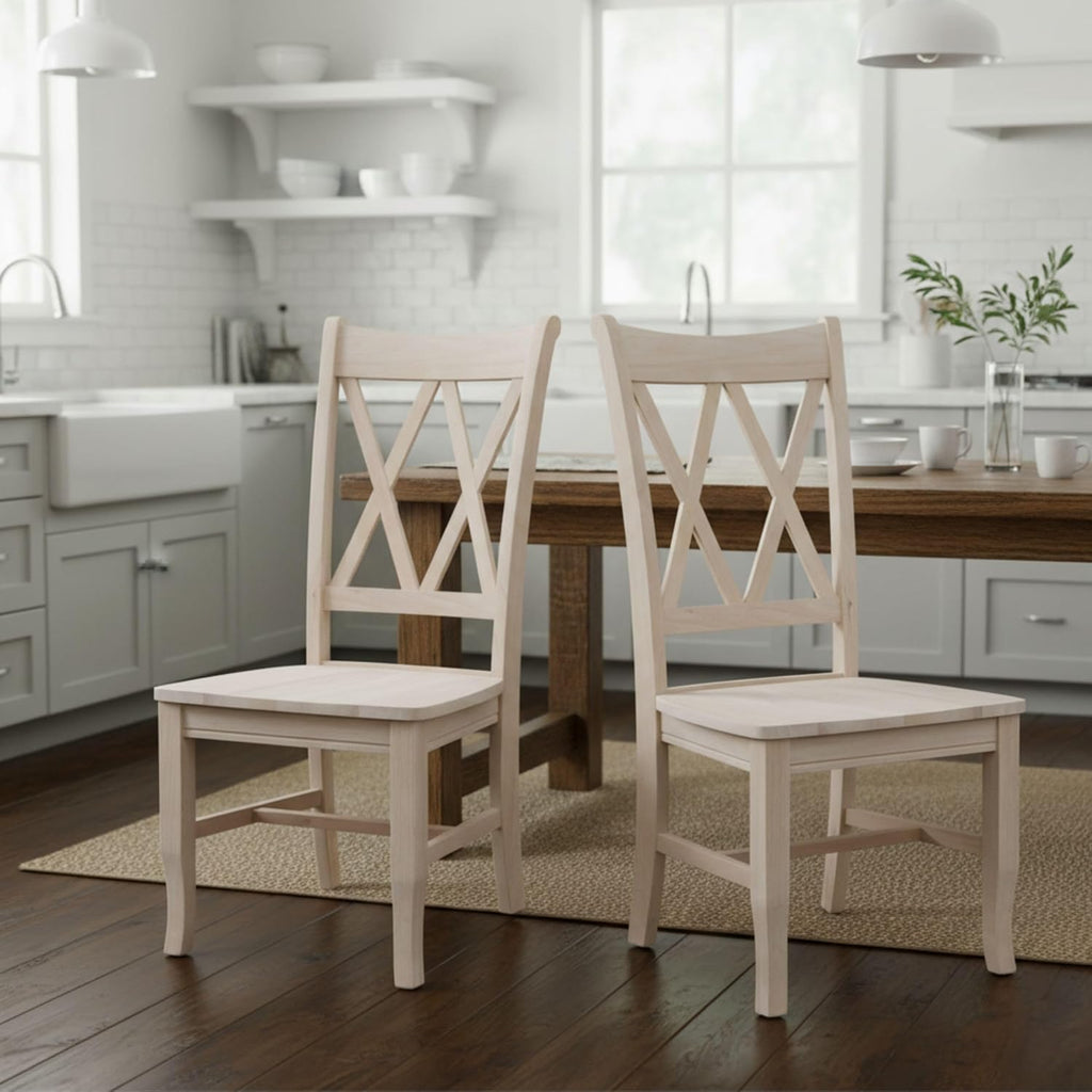 IC International Concepts, Set of 2 Double X-Back Dining Chairs, Armless, Real Wood, Kitchen/Dining/Accent, 19.9"W x 22"D x 41.3"H, 225 Lbs Wt. Capacity, DIY, Paint/Stain In Any Color, Unfinished