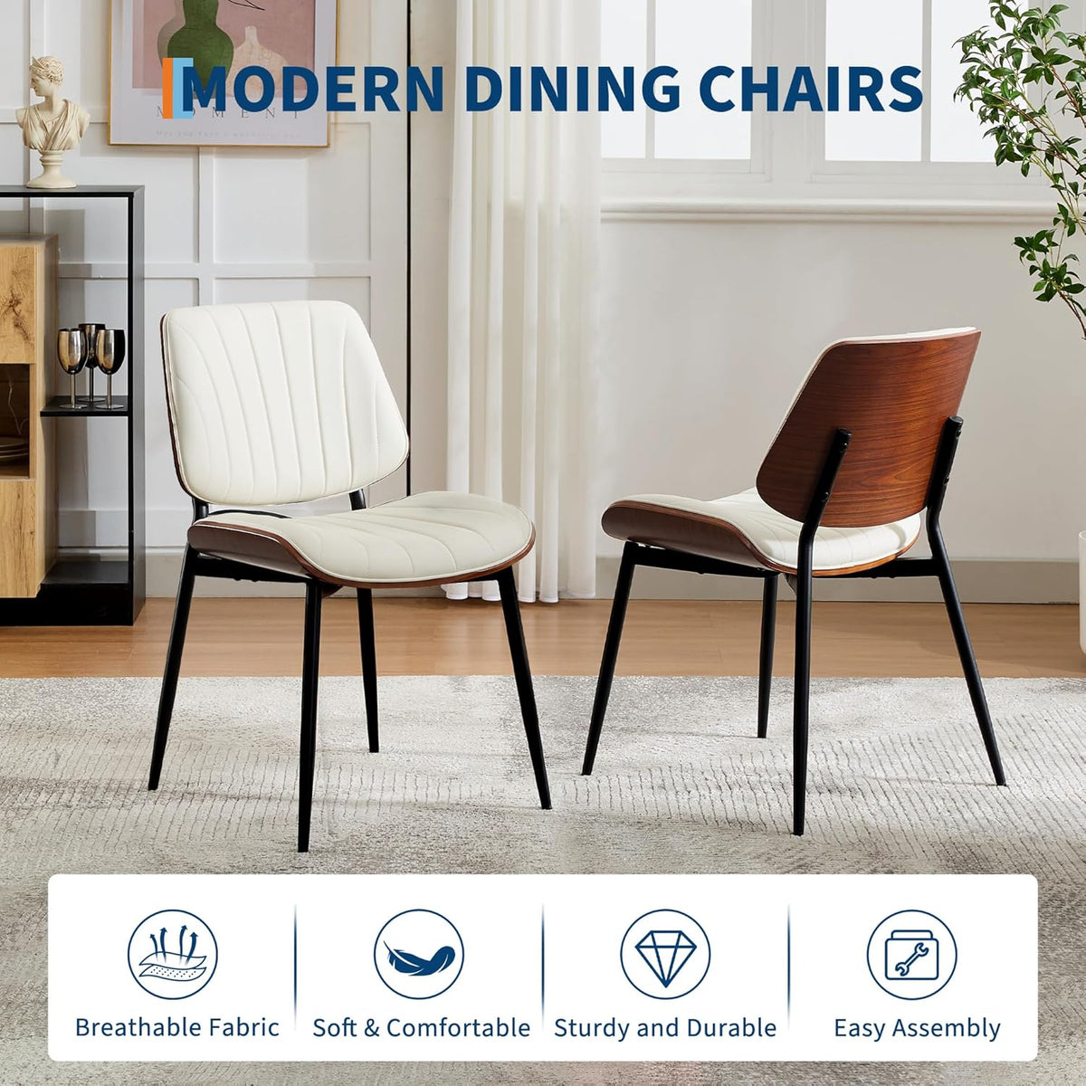 Garvee Dining Chairs Set of 4, Mid-Century Modern Upholstered Retro PU Leather Kitchen Chairs with Walnut Bentwood Back and Metal Legs Adjustable Feet for Kitchen Dining Room, White Shell Strips