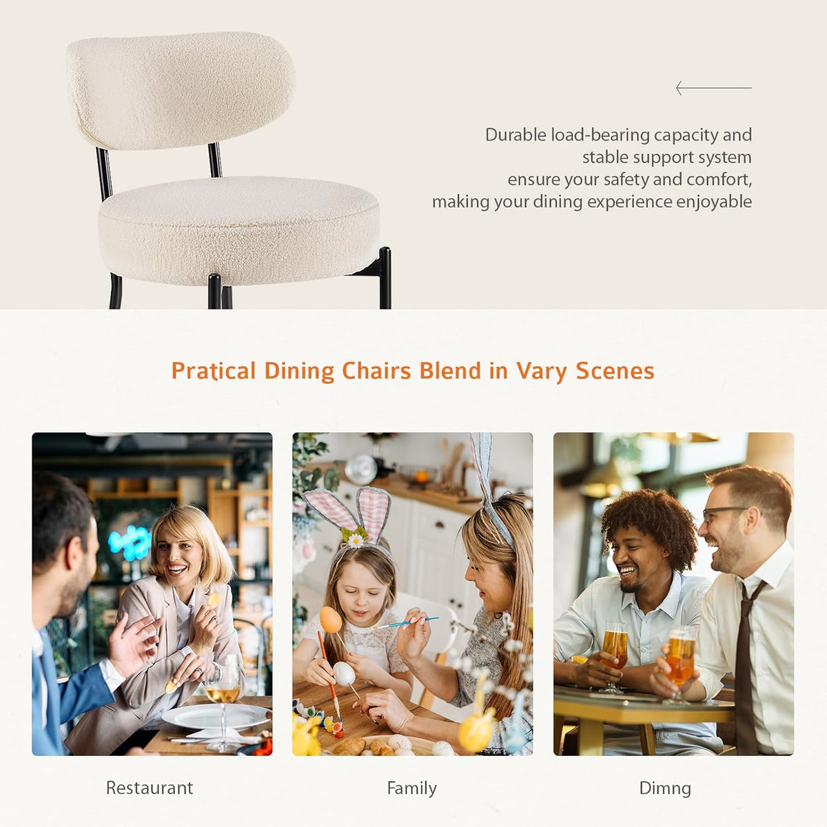 Sweetcrispy Dining Chairs Set of 4, Boucle Upholstered Modern Mid Century Round Kitchen Chairs with Curved Backrest & Metal Legs for Vanity, Living Room - Beige
