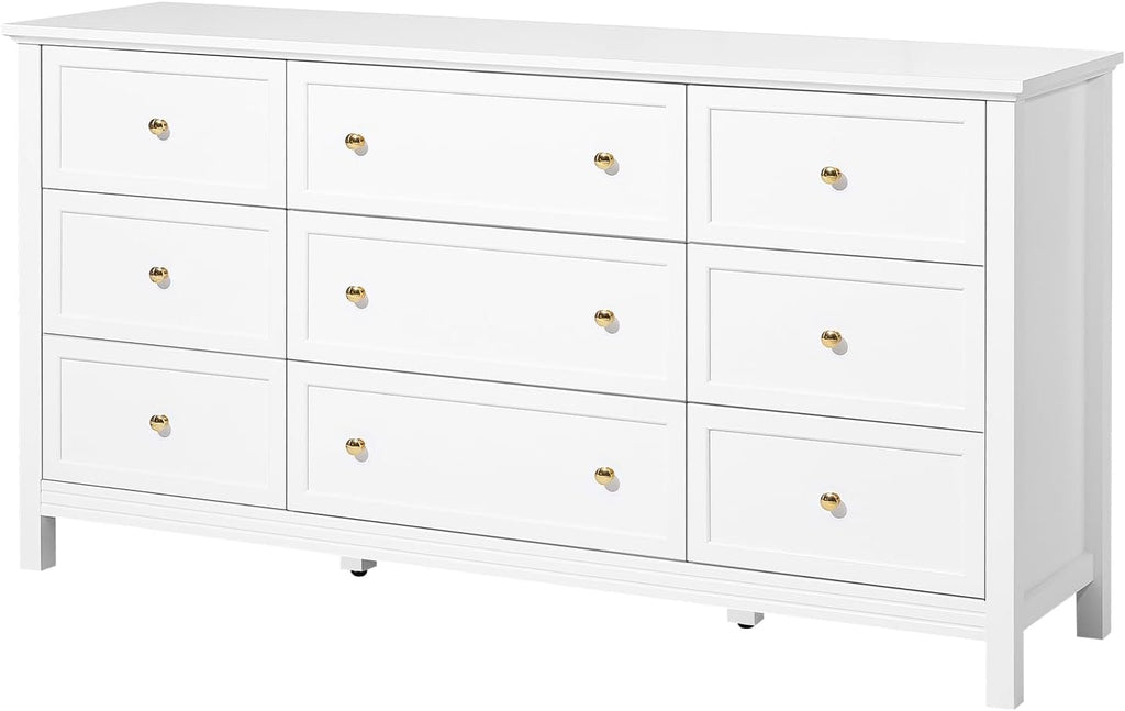 VEVOR 9 Drawer Dresser, Wooden Chest of Drawers with Sliding and Anti-tip Device, Retro Minimalist Dresser Chest, Closet Storage TV Stand Organizer for Living Room, Hallway, Bedroom, Entryway, White