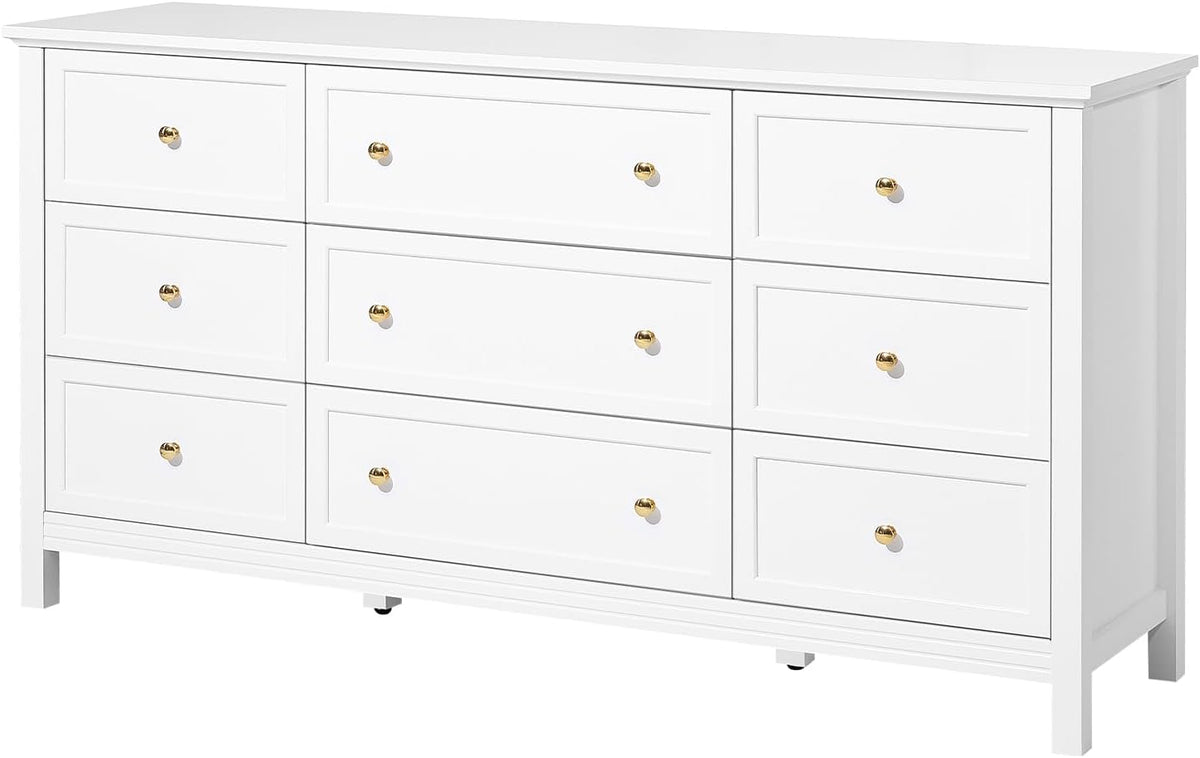 VEVOR 9 Drawer Dresser, Wooden Chest of Drawers with Sliding and Anti-tip Device, Retro Minimalist Dresser Chest, Closet Storage TV Stand Organizer for Living Room, Hallway, Bedroom, Entryway, White