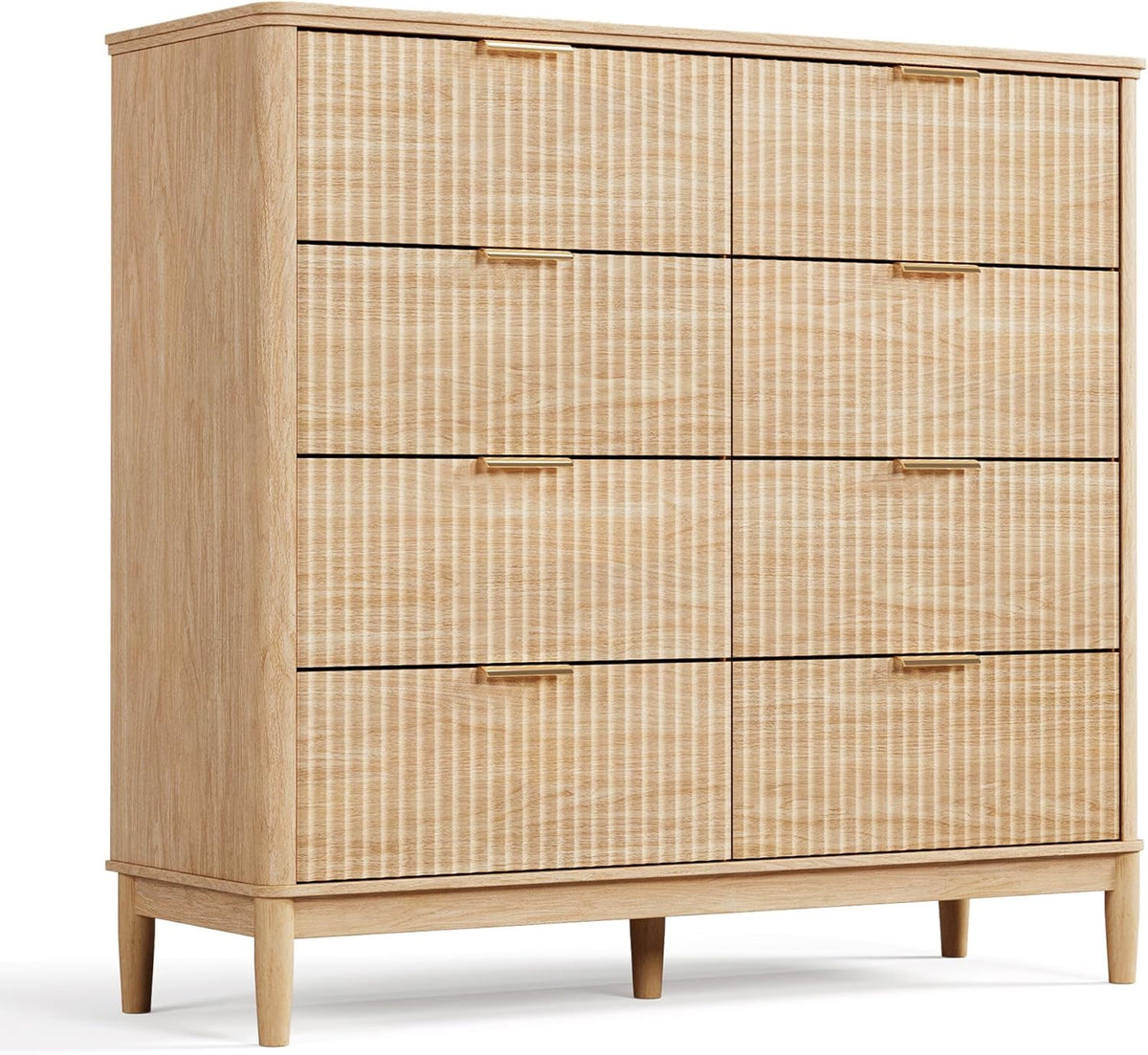 LINSY HOME Fluted Dresser for Bedroom with 8 Drawers, 47" Wide Mid Century Modern Dressers, Tall Boho Chest of Drawers, Large Wood Accent Storage Cabinet for Living Room, Curved Profile Design, Oak