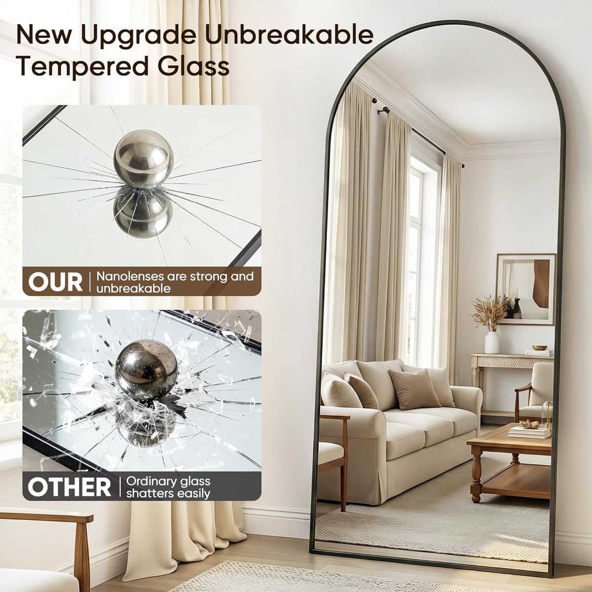 Antok Full Length Mirror, 76"x34" Floor Mirror with Stand, Hanging Mounted Mirrors for Bedroom, Living Room, Cloakroom, Dining Room, Black, Arched