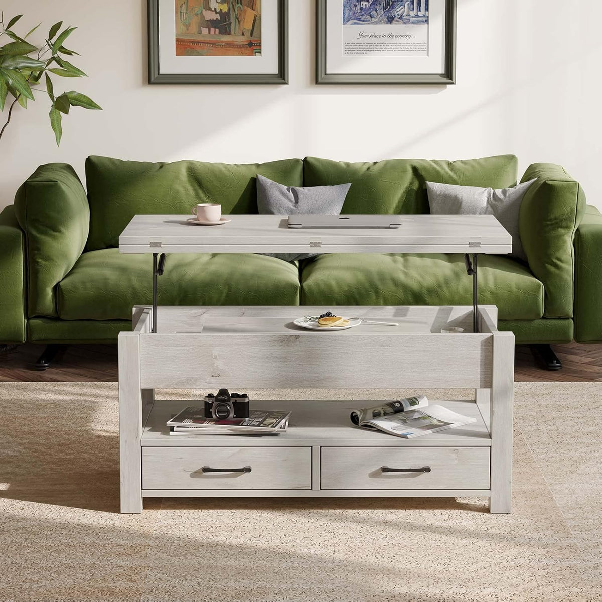 Rolanstar Coffee Table Lift Top, Multi-Function Convertible Coffee Table with Drawers and Hidden Compartment, Converts to Dining Table for Living Room, Home Office,Grey