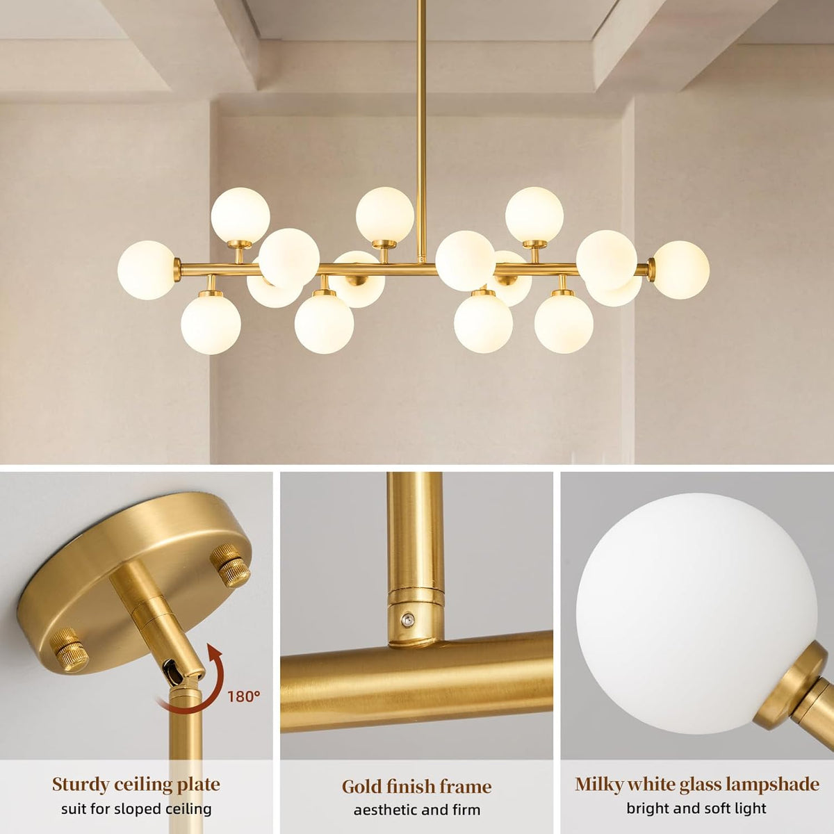 Mid Century Modern Sputnik Chandelier: 16-Light Globe Chandeliers over Table - White Glass Linear Chandelier Dining Room Light Fixture - Gold Brass Modern Chandeliers for Living Room Kitchen Island